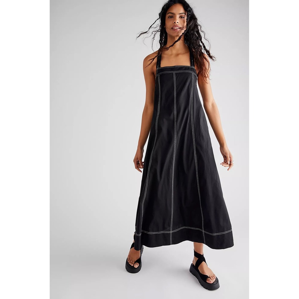 Free People Desert Hearts Apron Dress Black Contrast Stitch Maxi Small